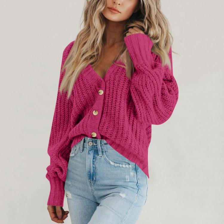 Loose V Neck Button Down Cardigan Women Solid Knitted Long Sleeve