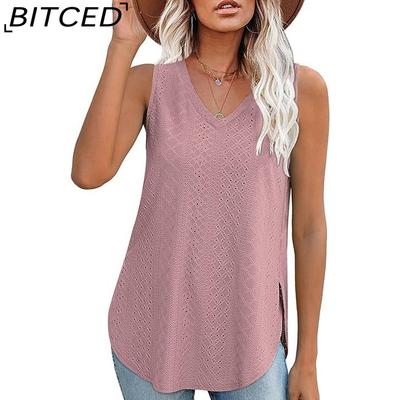 Spring/Summer Women's Solid Color V-neck Slit T-shirt Vest Woman