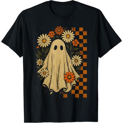 Vintage Floral Ghost Groovy Halloween Spooky Girls Women T-Shirt(1)