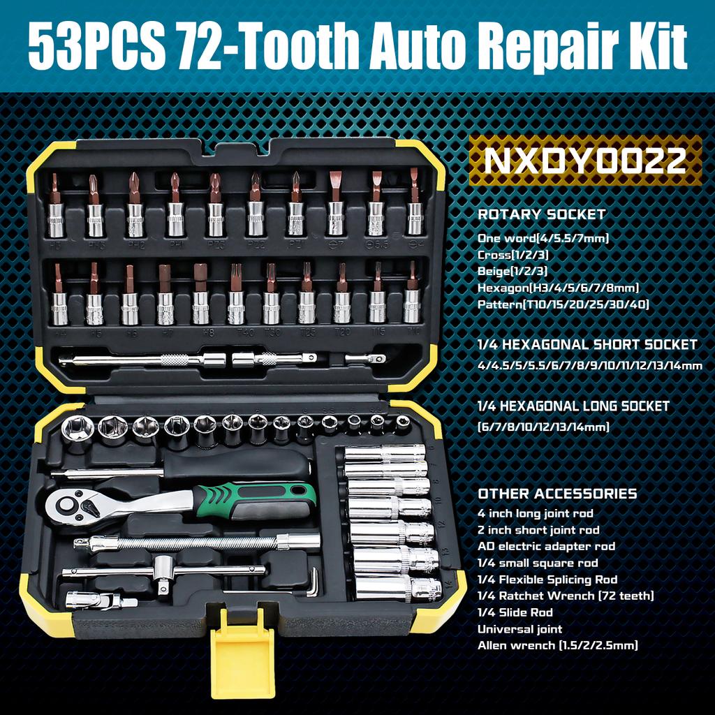 Socket Wrench Set 1/4" 24/72 Tooth Ratcheting Wrench Set with Extension Bar for Motor Repairing and Household, with Storage Case