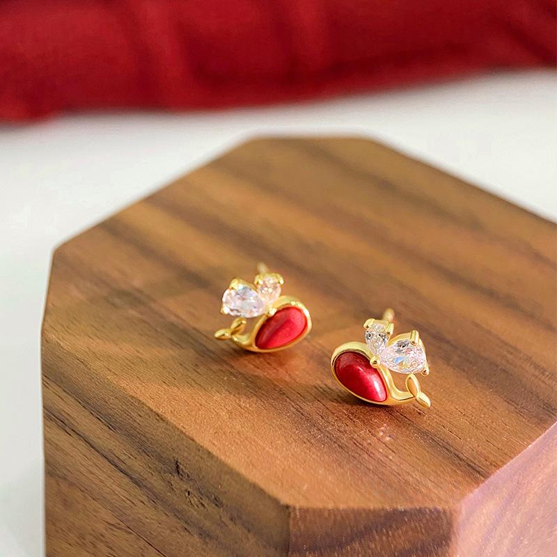 Diamond-in Love Red Whale Earrings for Women Versatile Small Japanese and Korean Niche Earrings