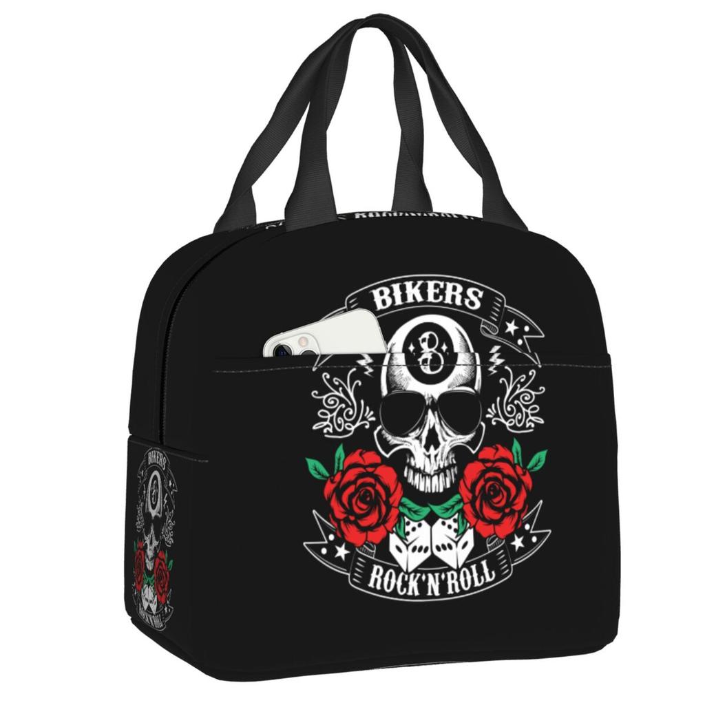 Rockabilly Music Rock N Roll Bikers Skull Rockers Psychobilly Thermal Insulated Lunch Bag Women Portable Lunch Tote Food Box