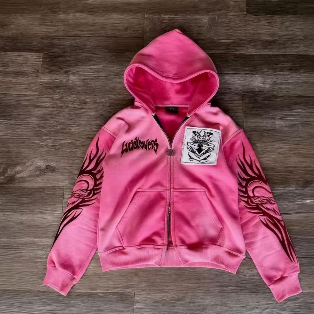 Maglione stampato transfrontaliero nuovo 9OESH felpa con cappuccio trendy a forma di cuore 2024 giacca cardigan con cerniera versatile di grande successo