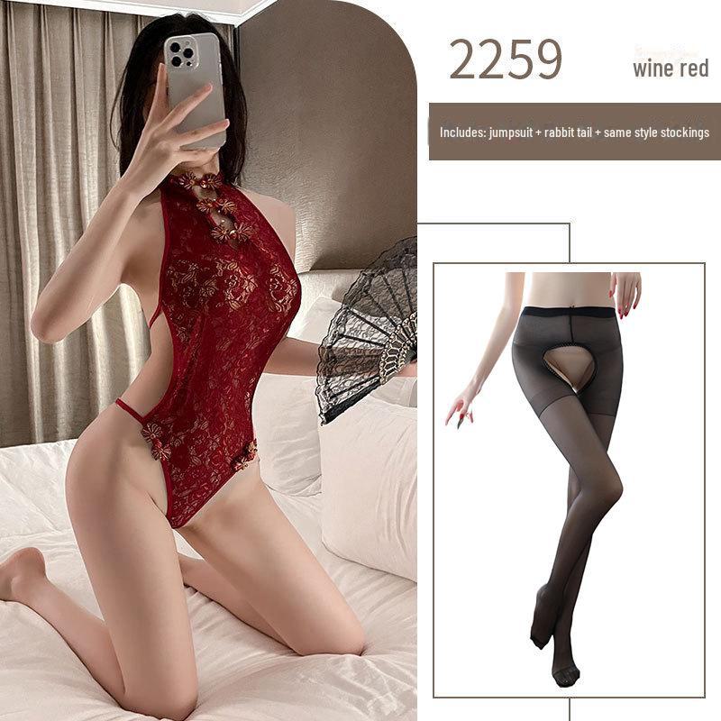 Milian Retro Lace Cheongsam: Tempting Open-Crotch Lingerie One-Piece.
