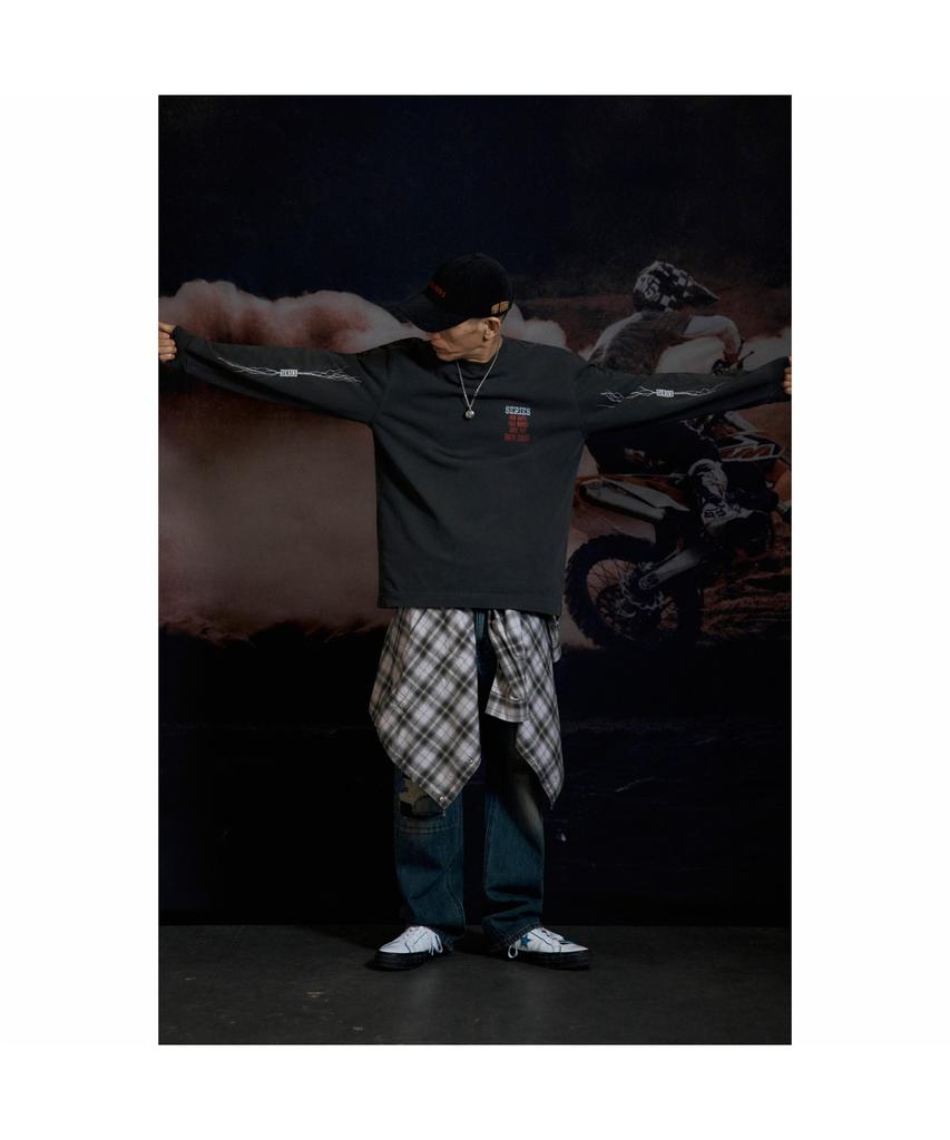 Silijeu Motorcycle Print Long Sleeve T-Shirt Satas26311Chx