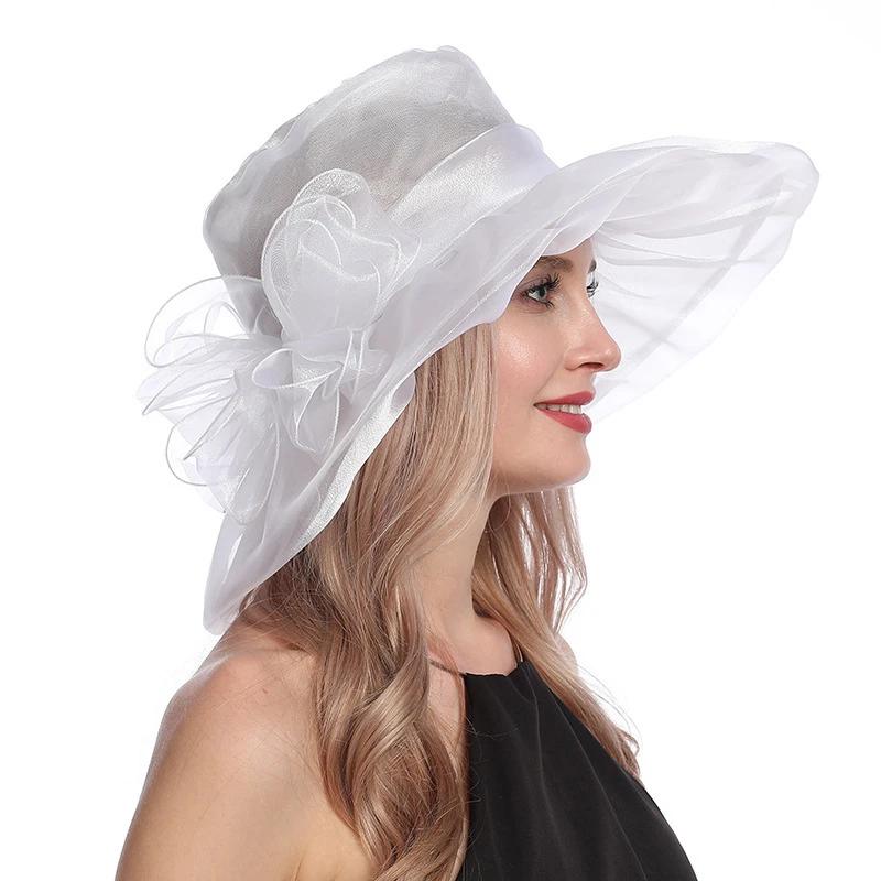 Fashion for Women Summer Organza Sun Hats Large Brimmed Elegant Ladies Beach Hat Foldable Anti Ultraviolet Church Bow Bucket Cap