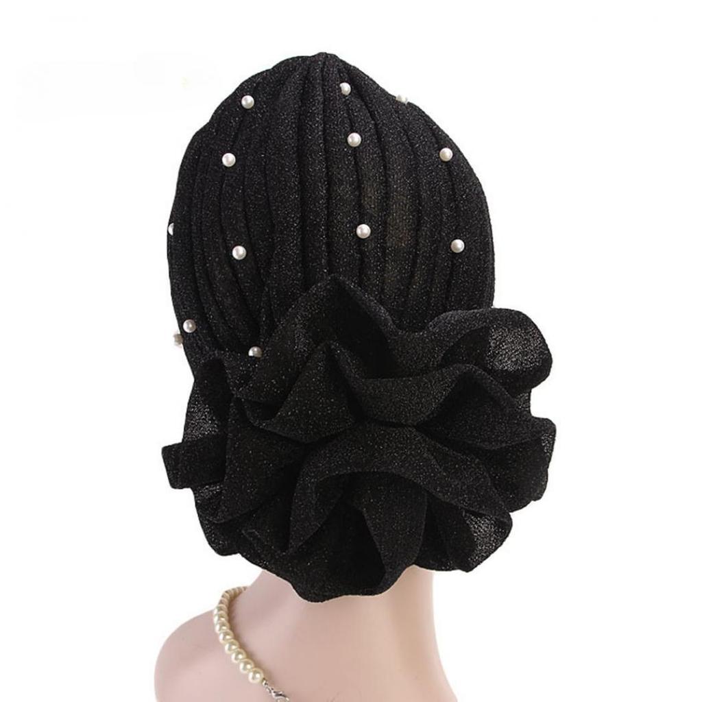 Women Big Flower Headband Cap Faux Pearl Decor Hijab Turban Hat Head Wrap