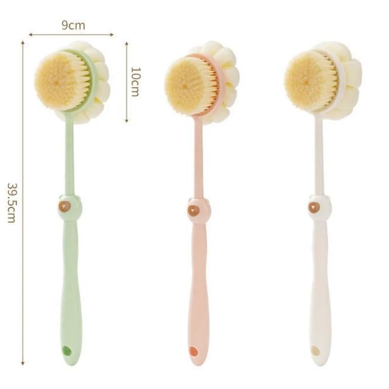 2 In 1 Long Handle Exfoliating Bath Brush Soft Bristles Loofah Puff Back Scrubber for Home Shower Body Cleaning