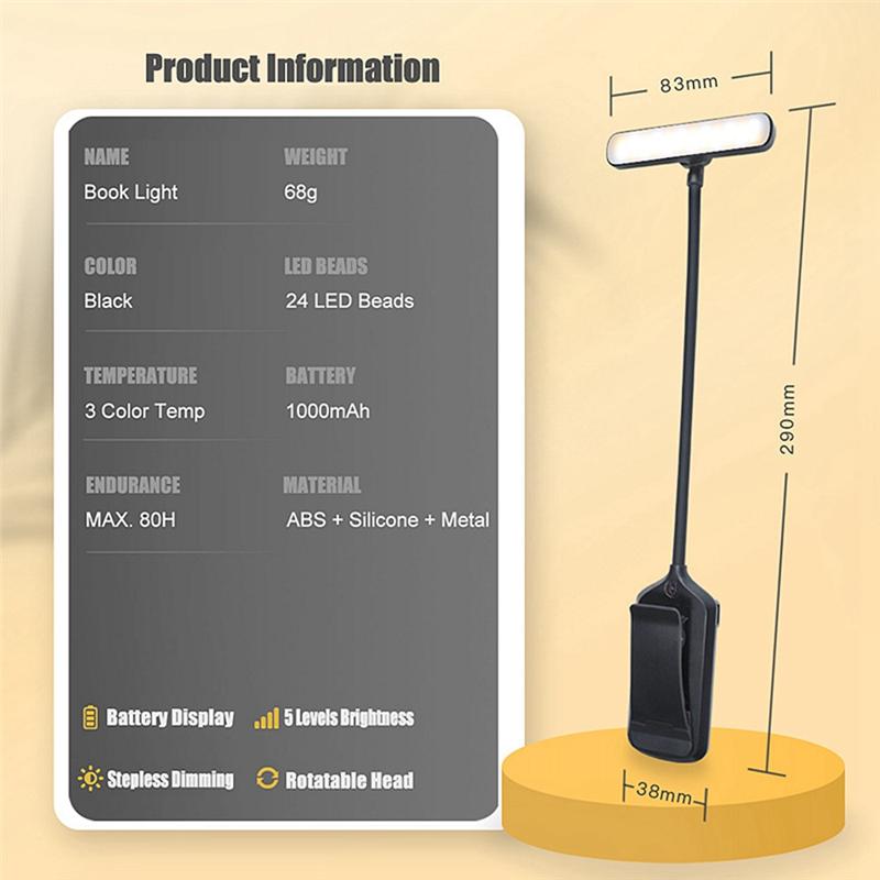 A23I-LED Book Light USB Rechargeable Desk Clip Night Light Mini Rotatable Table Lamp Portable Reading Light For In Bed