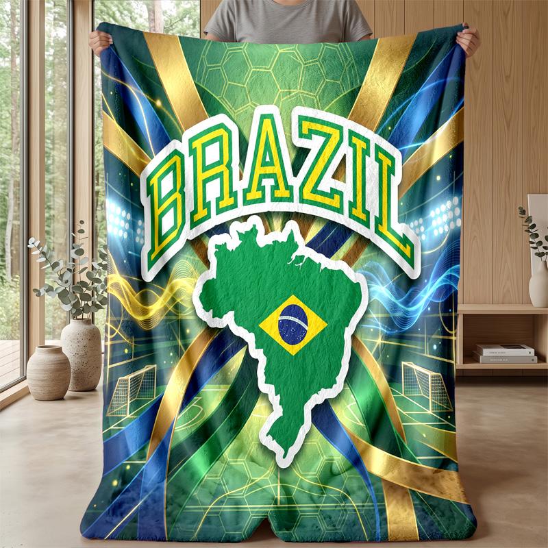 Brazil Football Printed Flannel Blanket Skin Friendly Warm Decorative Throw for Indoor Couch Bed Daily Use