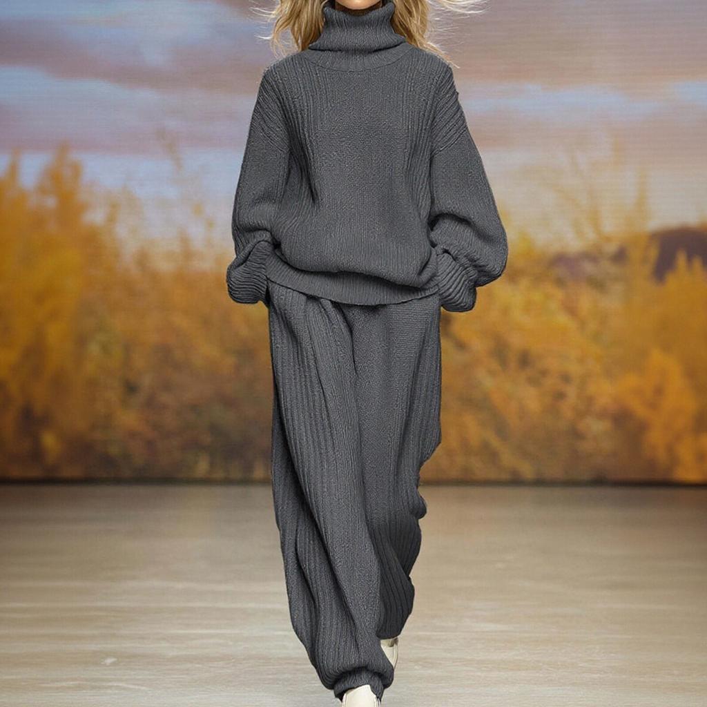 Damen Modisches Lässiges Gestricktes Locker sitzendes Set mit Rollkragen und Weitbeinhose