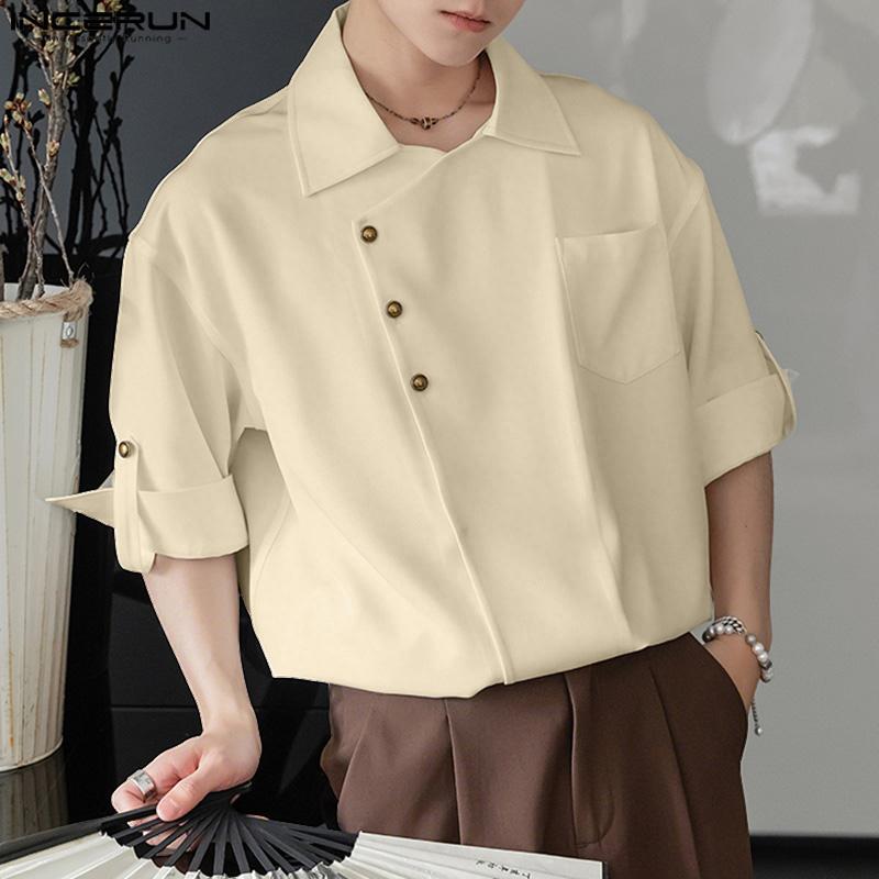 INCERUN Oversized Men Lapel Neck Half Sleeve Oblique Placket Casual Loose Shirts
