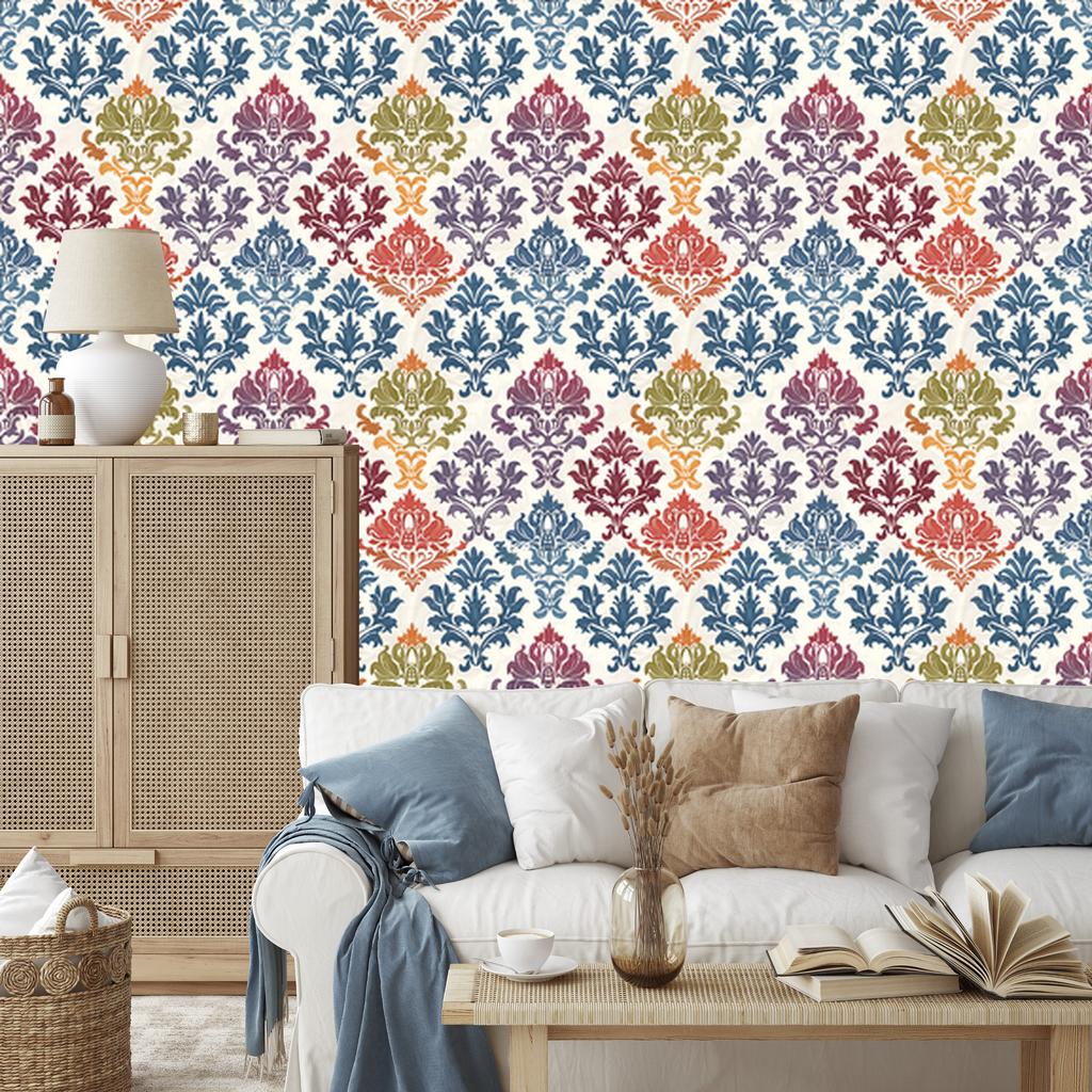 Baroque Damask Wallpaper Blue and Light Gray 50x1000