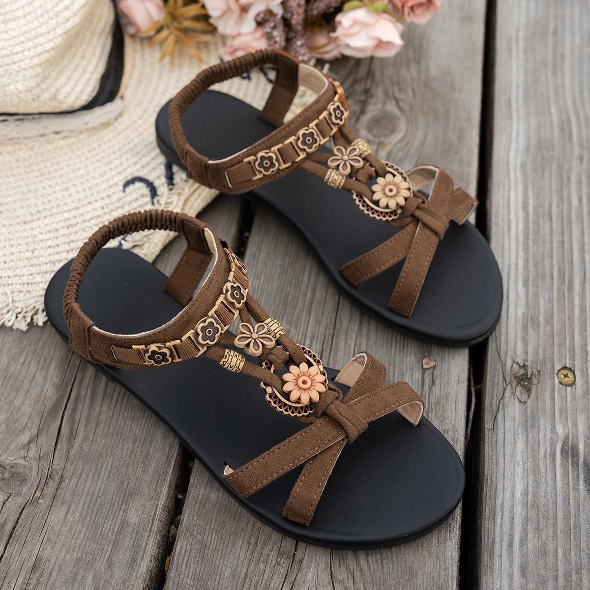 

2025 foreign trade summer new women s flat sandals large size casual flat elastic band ethnic sandals 43 темно-коричневого