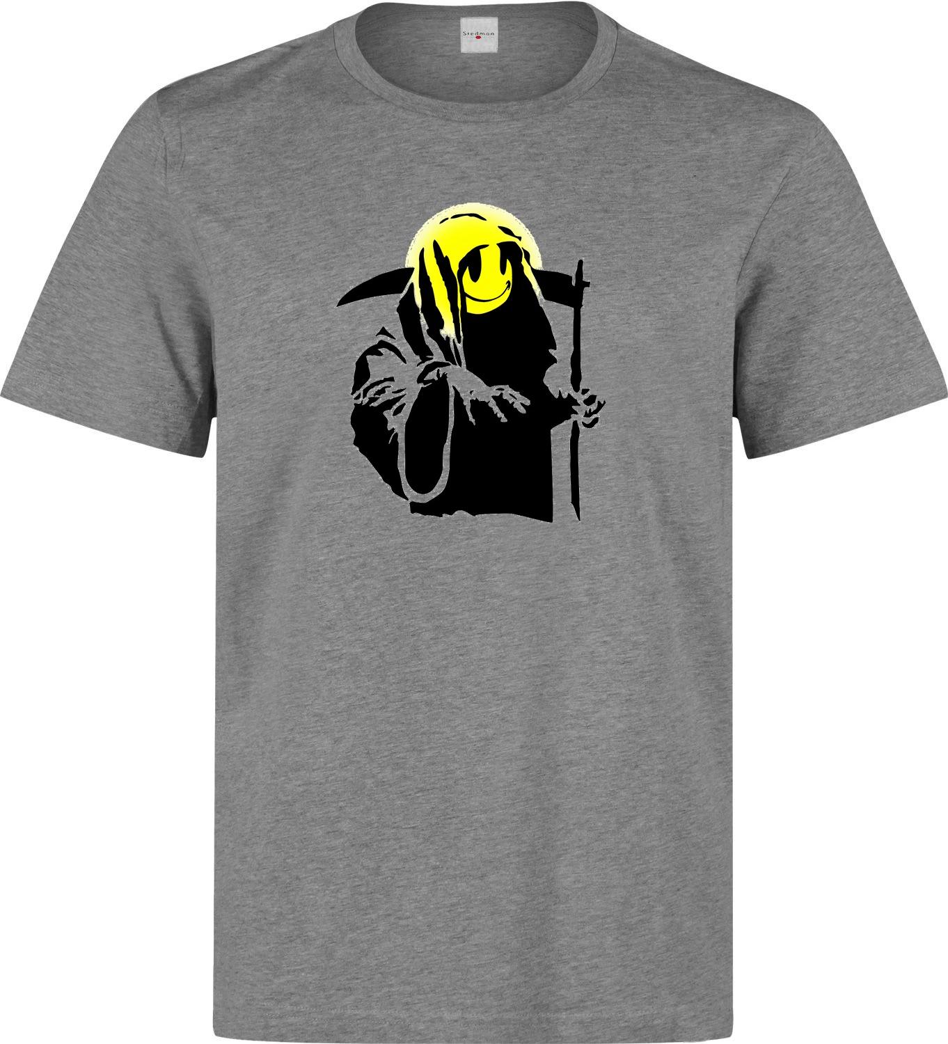 Banksy Smiley Reaper Street Art Grey White Printed Cotton  T-shirt Top Tee 160