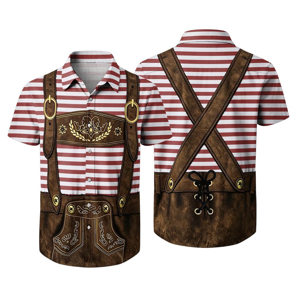 Men's Short Sleeve Button Down Shirt Retro Beer Festival Print Casual Loose Fit Party Shirt with Traditional Lederhosen Design for Everyday Wear