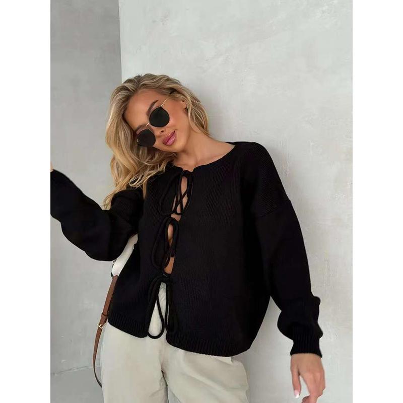 Women Solid Knit Sweater Cardigan Full Sleeve Lace Up Thick Jumper Casual Elegant Coat Sweaters Regular Autumn