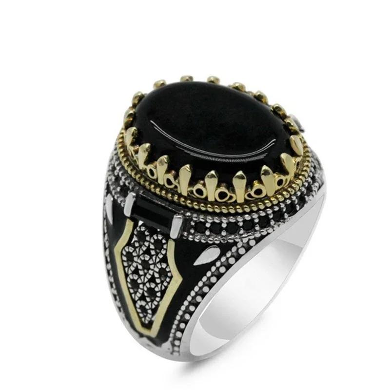 New Retro Handmade Turkish Rings for Men Vintage Double Swords Black Zircon Rings Punk  Trendy Islamic Religious Muslim