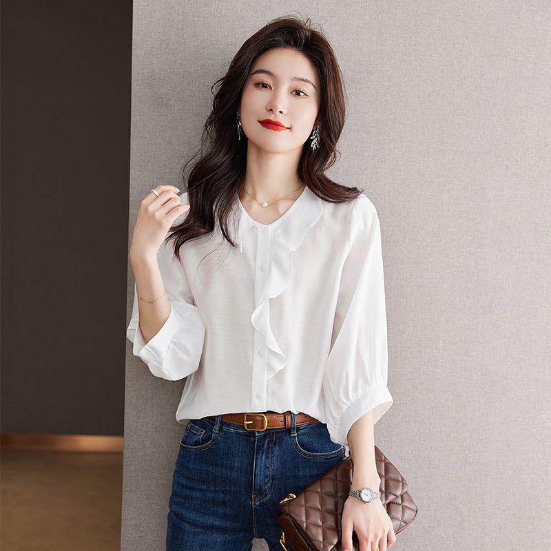 

Шелковая рубашка женская летняя новинка модная с деревянными ушками тутового шелка с коротким рукавом топы свободная темпераментная приталенная рубашка White M