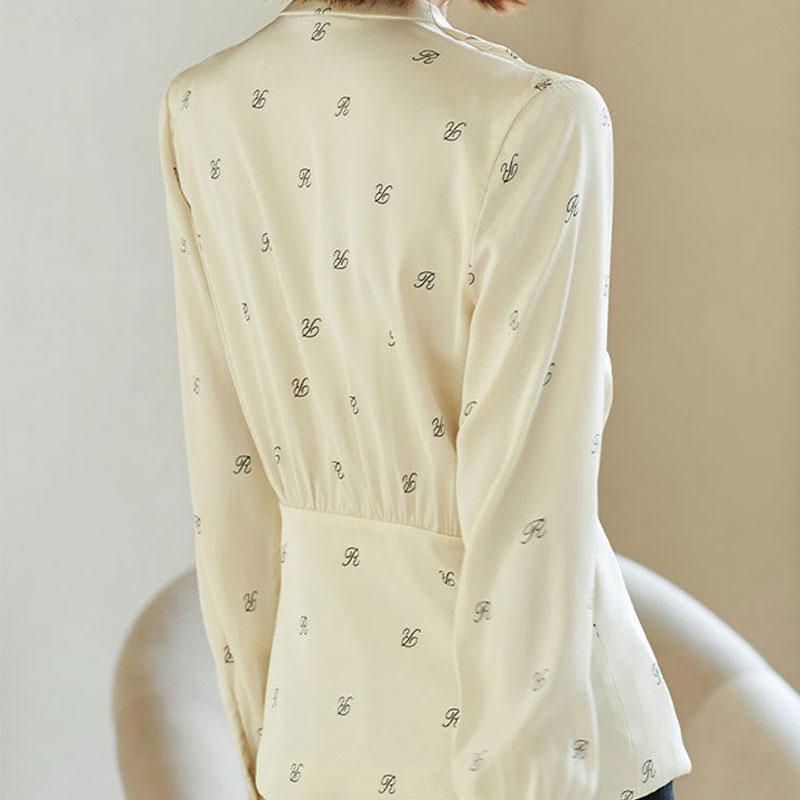 Casual Single Button V-Neck Shirt Commute Letter Printed Women's Clothing Long Sleeve Spring Autumn Stylish Waist Spliced Blouse