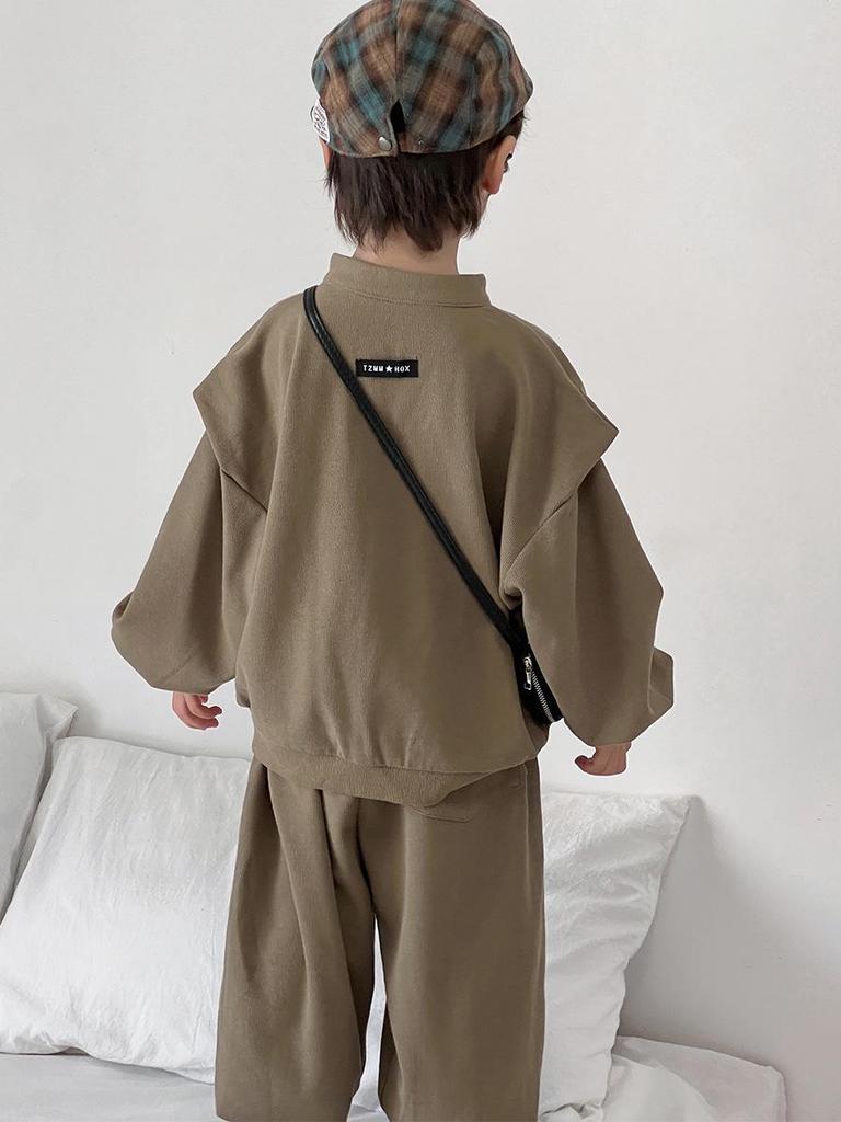 Boys' Retro Chinese Style Casual Set - Autumn 2025: Solid Color Long Sleeve Top & Pants with Frog Buttons