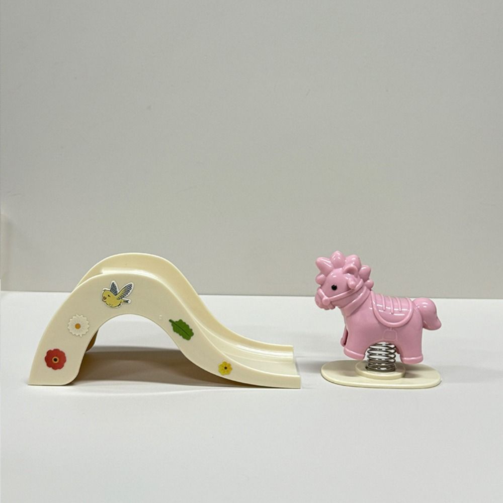 Wooden Horse Doll House Amusement Park Pretend Play Miniature Slide Swing  Model Decoration