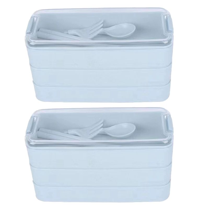 T02C!Three-Layer Lunch Box Bento Box Outdoor Lunch Box Microwaveable With Fork & Spoon синий