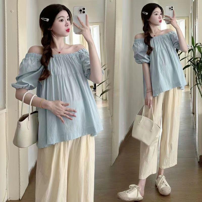Summer 2026 Maternity Set: Square Neck Loose Short-Sleeve Top & Off-White Pants XXL [Recommended 145-170 kg]