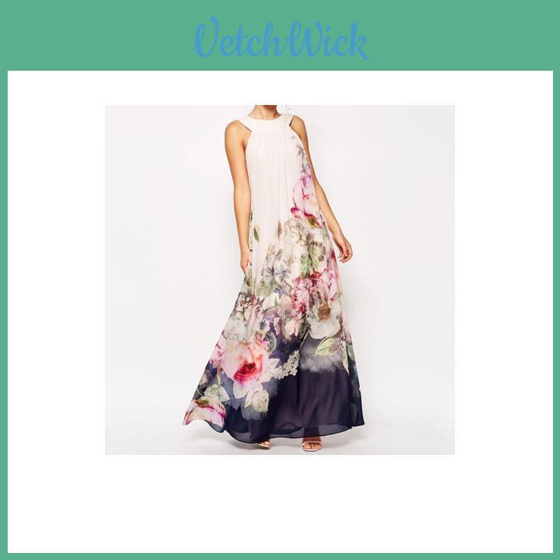 Beautiful Lady Women Floral Summer Beach Boho Style Long Chiffon Dress For Parties And Evenings
