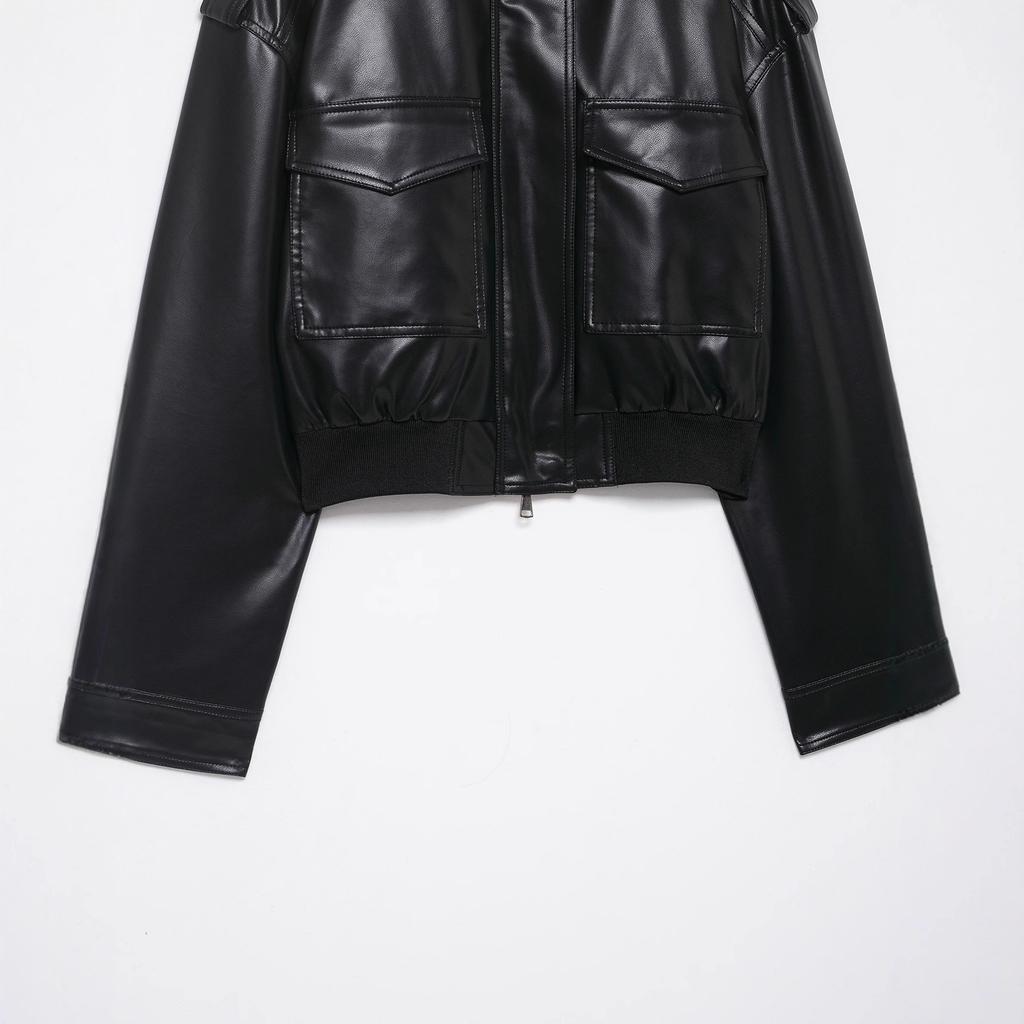 European and American Style, New Women's Clothing, Fashionable, Versatile, Cross-border Stand-up Collar Imitation Leather Strap Jacket