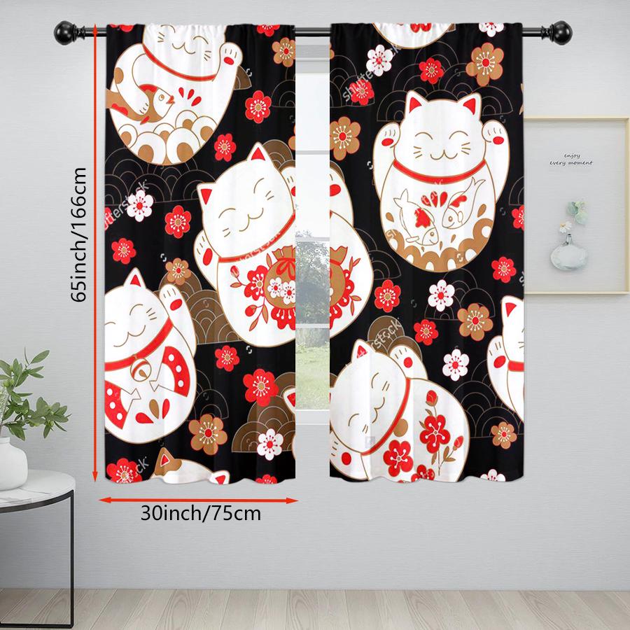 2PCS Digital Print Curtains, Black Maneki Neko Lucky Cat Red Sakura Pattern, Japanese Style for Bedroom Living Room Decor