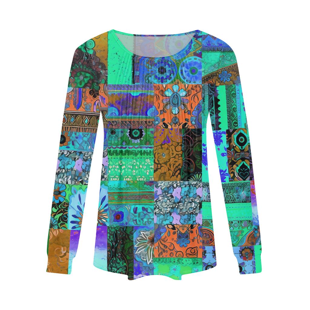 Damenmode Lässig Plissiert Rundhals Vintage Blumendruck Langarm T-Shirt Top