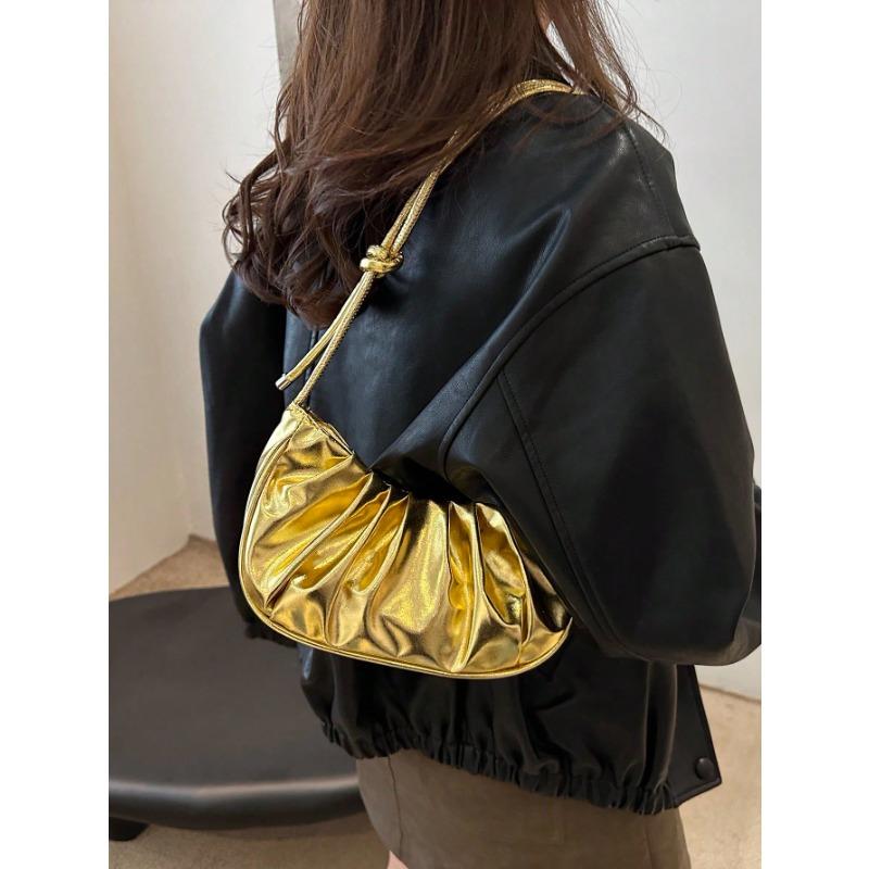 Mode Einfarbig Gold Wolkenplissee PU Damen Handtasche Schlicht Süßer Stil Schultertasche, Umhängetasche. Geeignet zum Einkaufen