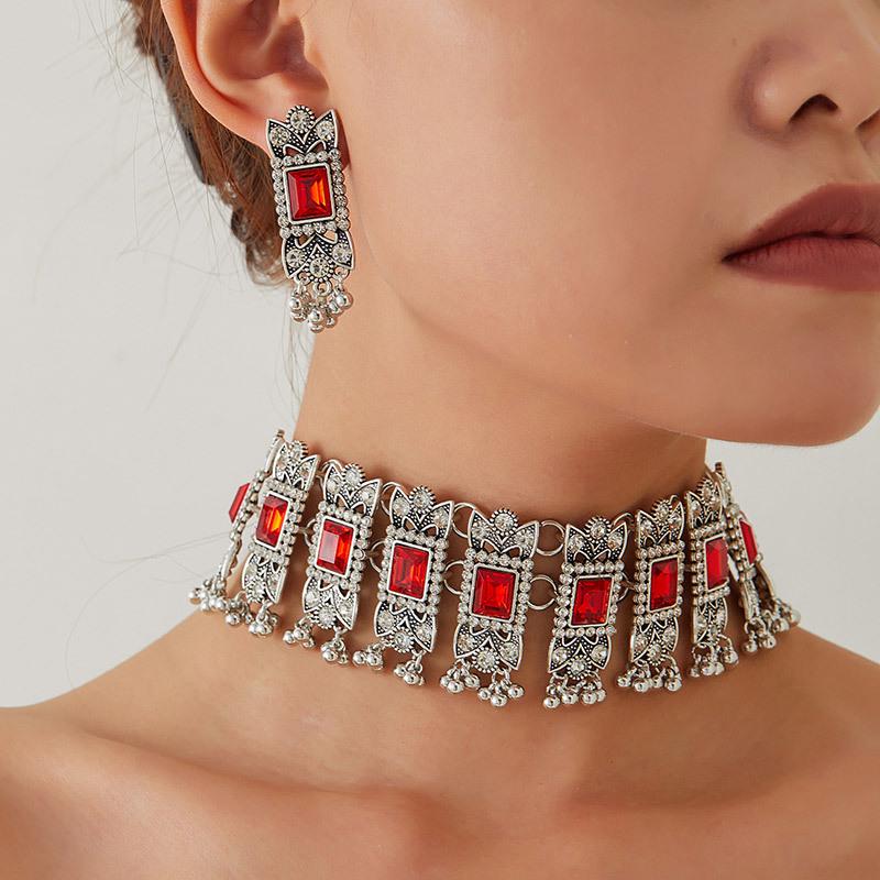 Modisches Retro Edelstein Geometrisches Halsketten- & Ohrring-Set