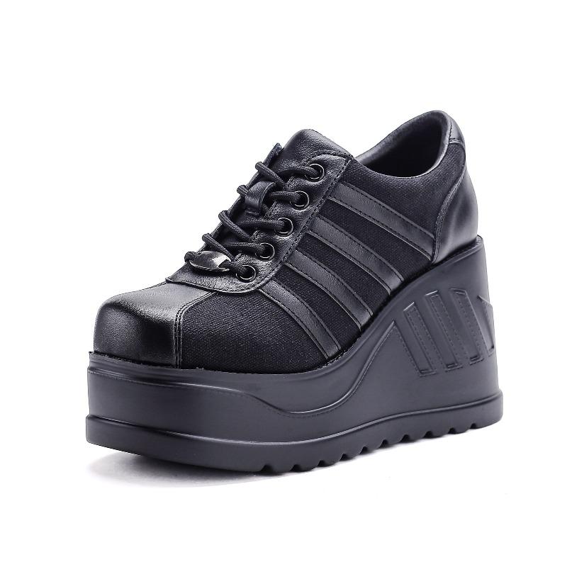 Platform Shoes Single Shoes Women's Goth Punk Style Lace-up Big Head Shoes Muffin Sole Striped Small Leather Shoes