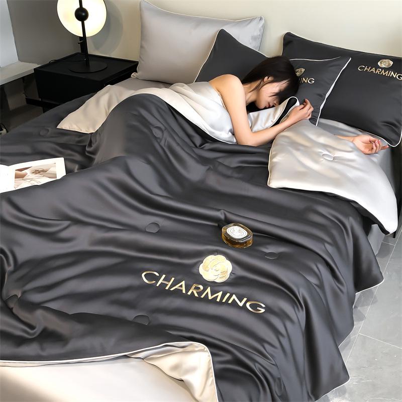 Class A Ice Silk Cooling Summer Quilt 4-Piece Set: Lightweight Embroidered Air Conditioning Quilt
