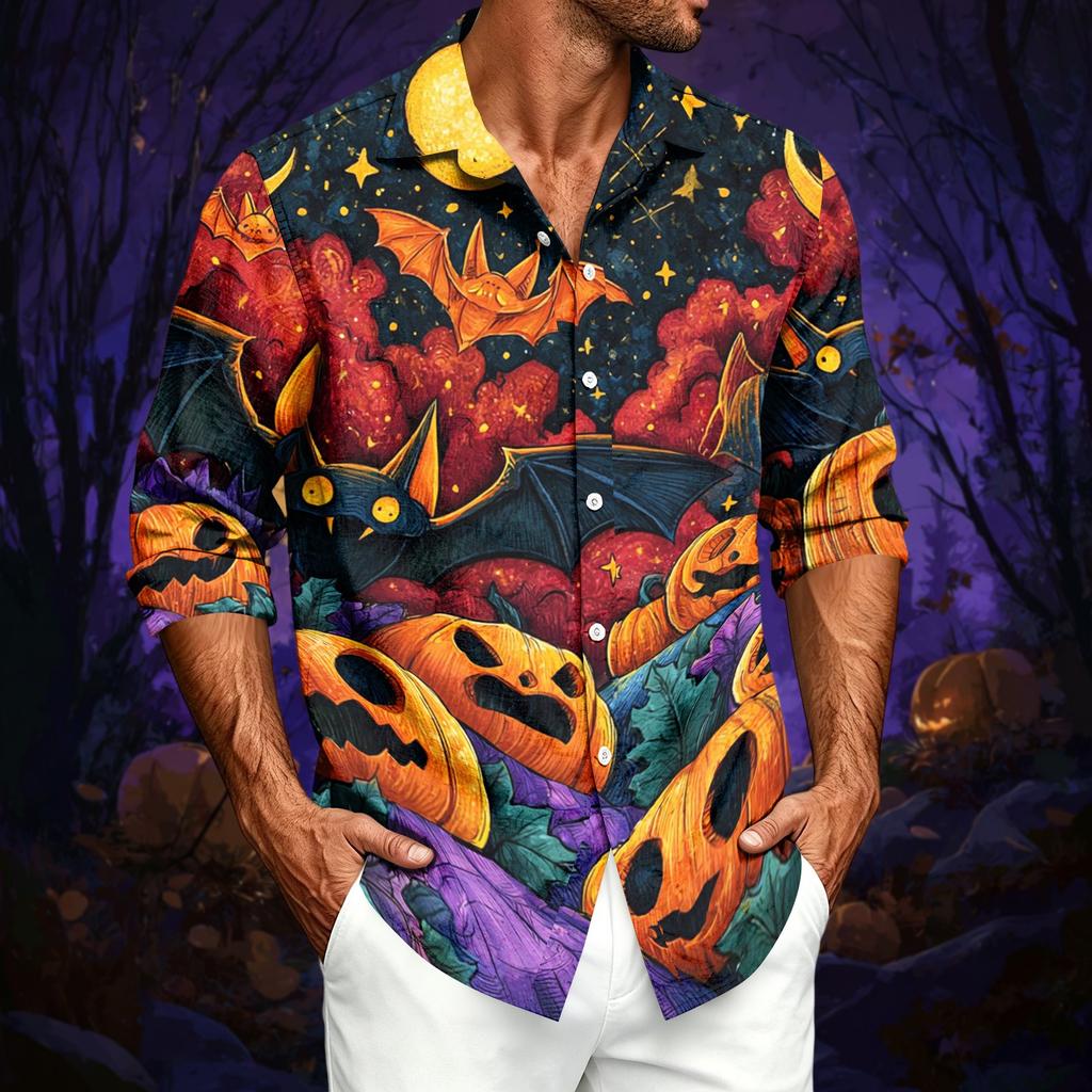 Men's Casual Long Sleeve Print Shirt with Halloween Design for Spring and Fall
