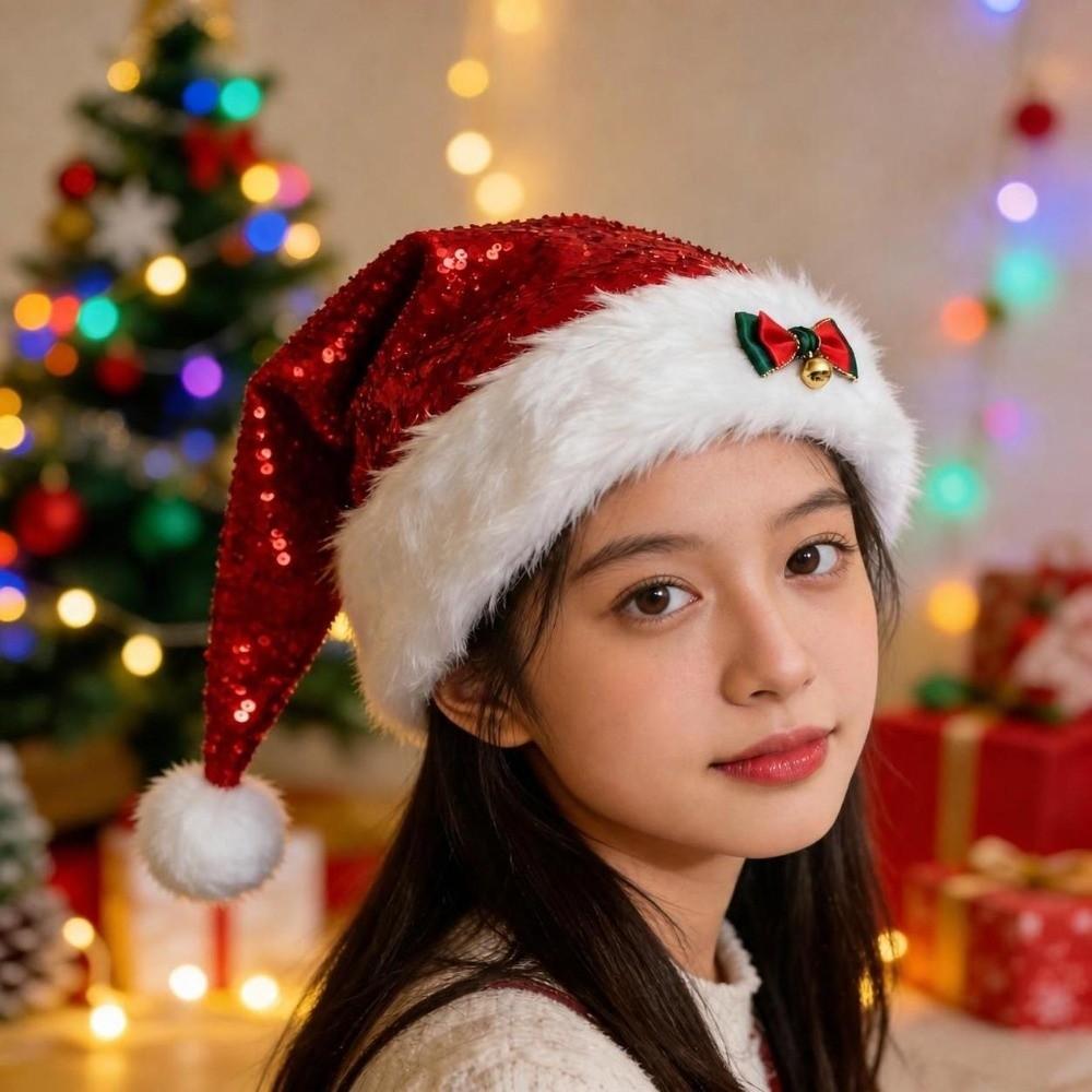 Portable Sequin Santa Hat with Bow Bell White Trim Trim Xmas Hat Christmas Costume Headwear Adults and