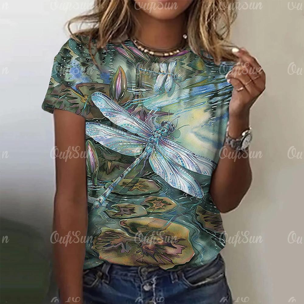 2024 Fashion Women's Short Sleeve Women's T-Shirt Dragonfly Print Fashion T-Shirt for Women Basic Casual Women's Oversized Top