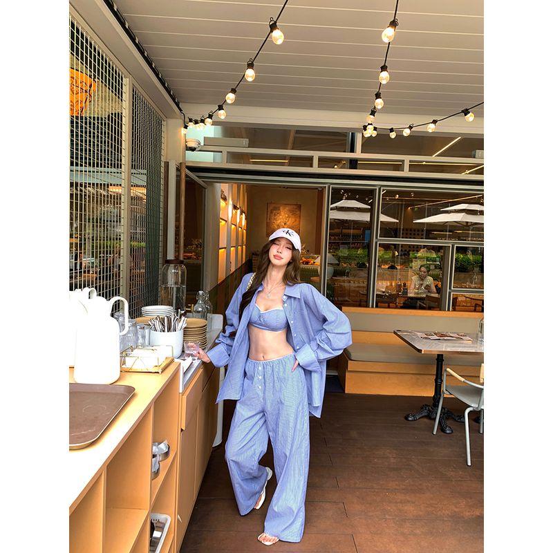 Kumikumi Sexy Style Loose Long Sleeves Shirt Underwear Spaghetti-Strap Slip Women's Autumn Slimming Loose Pants Three-Piece Set