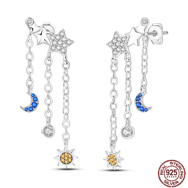 Sparkling Women Hoop Earrings 925 copper Heart Shape Star Moon Round Blue Zircon Fit Origina Drop Earrings Zircon Holiday gifts