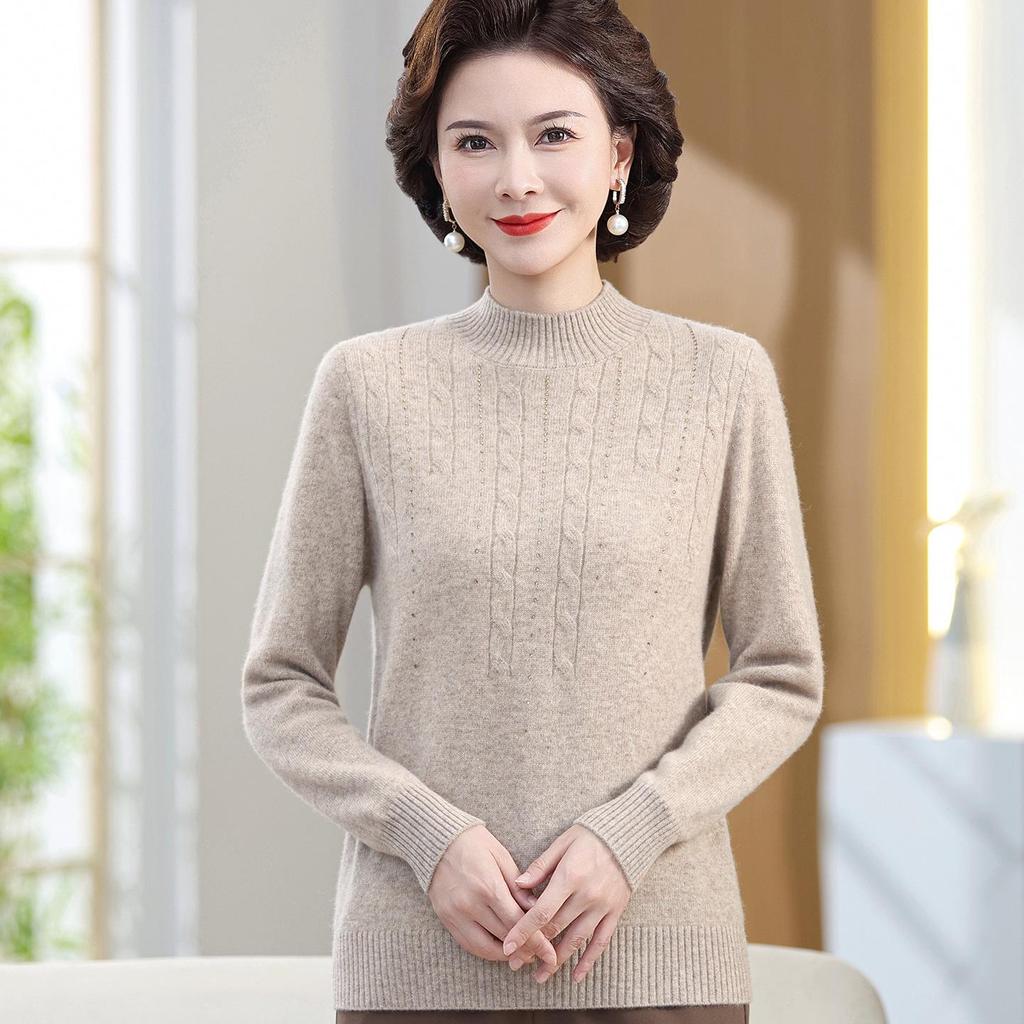Luxuriöser Wollpullover für Frauen mittleren Alters und ältere Frauen – Dick, Ganzkörper, Halboher Kragen, Perfekt für Herbst und Winter.