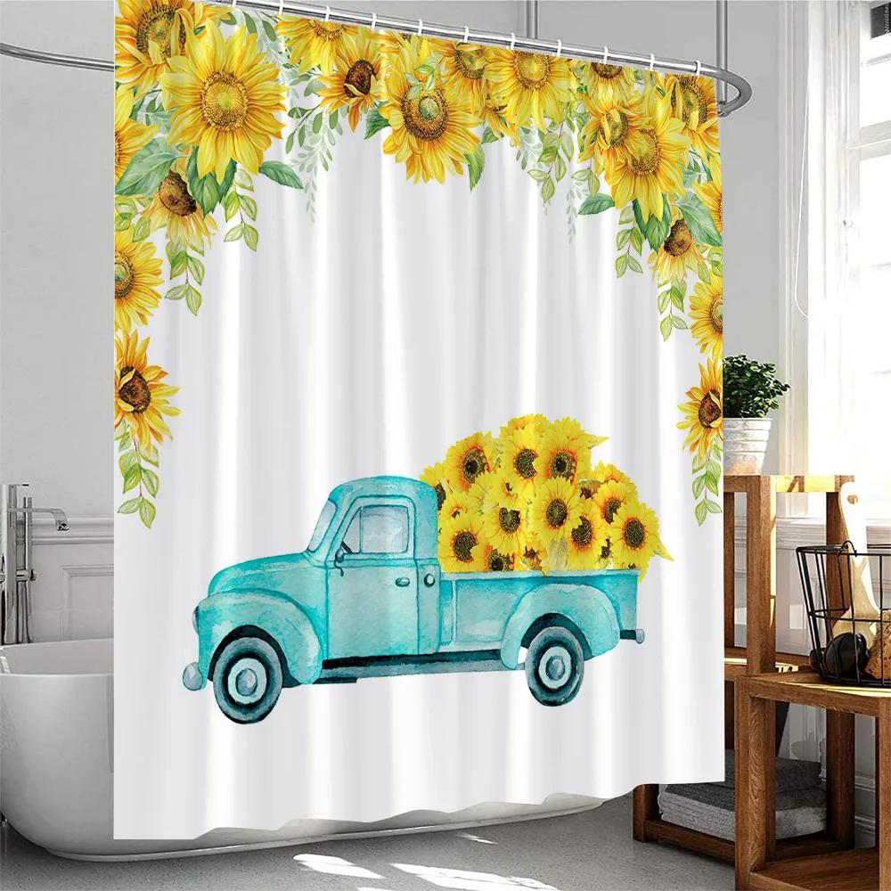 Sunflower Farmhouse Shower Curtain Countryside  Autumn FLowers Birds Butterfly Floral Bathroom Decor Polyester Bathtub Curtain