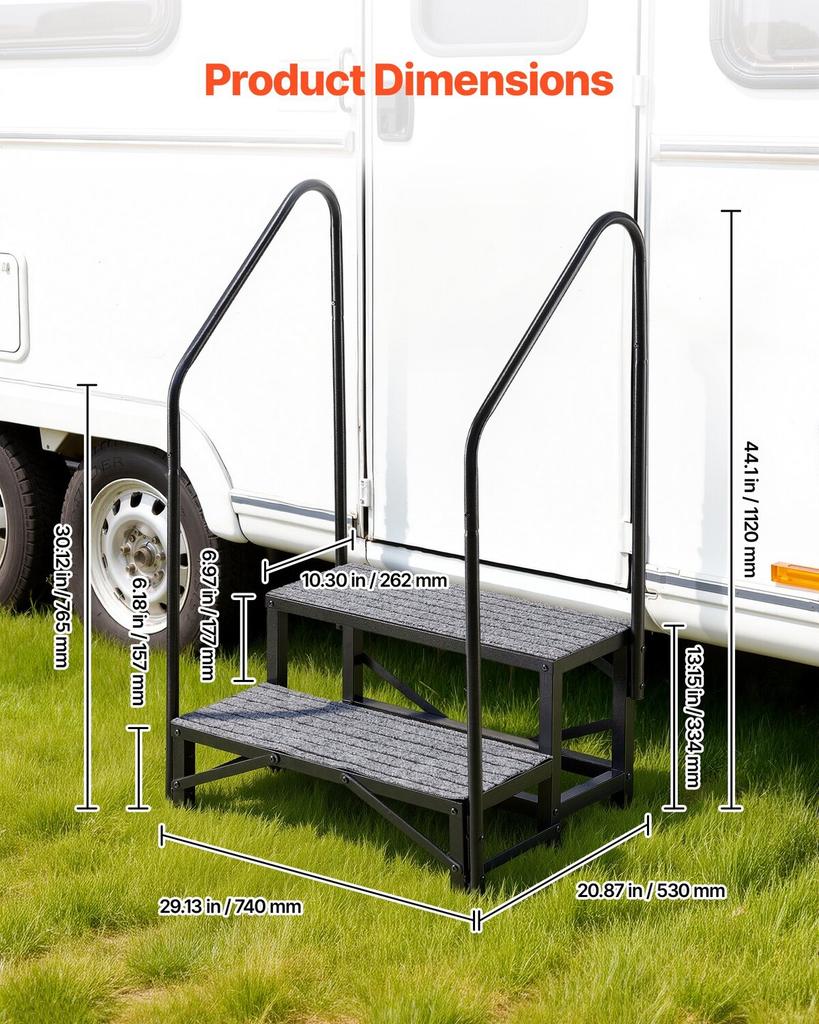RV Steps with Dual Handrails, 2 Steps, 300 Kg Load Capacity, Heavy Duty Outdoor RV Stairs with Non-Slip Mat for Elderly/Pets, Portable Stairs for Hot