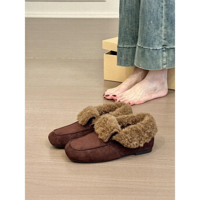 Winter retro suede square head loafers, women's one-pedal flip and fleece outer single shoes