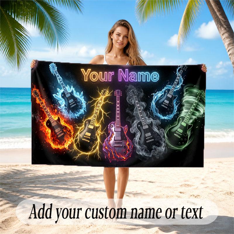 Music Guitar Theme Beach Towel Personalized Custom Name & Text Soft Quick Dry Beach Towel for Swimming Travel