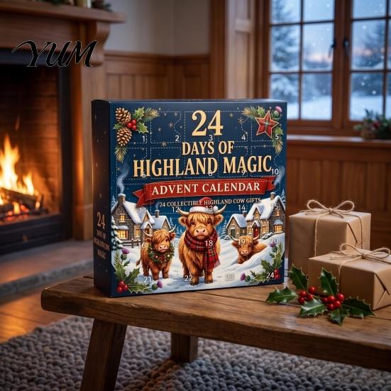 Christmas Advent Calendar 24 Days of 3D Highland Cow Calendar, Cute Farm Day Countdown Box Cattle with Mini Figurines Collectibles for Holiday