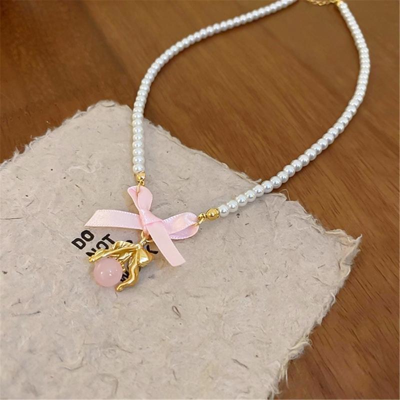 Bohemian Bowknot Pendant Necklace Elegant Choker Pearls Beaded Charm Necklace Neck Chain Fashion Summer Jewelry Gift