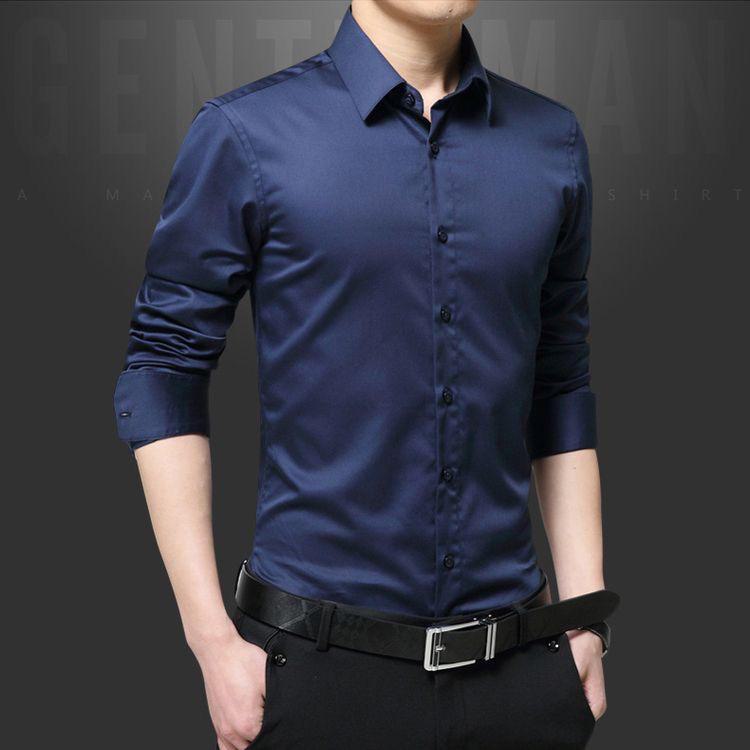 Men's Solid Color Slim Fit Long-Sleeve Shirt - Korean Style, Wrinkle-Free, Trendy Fashion for Spring and Autumn