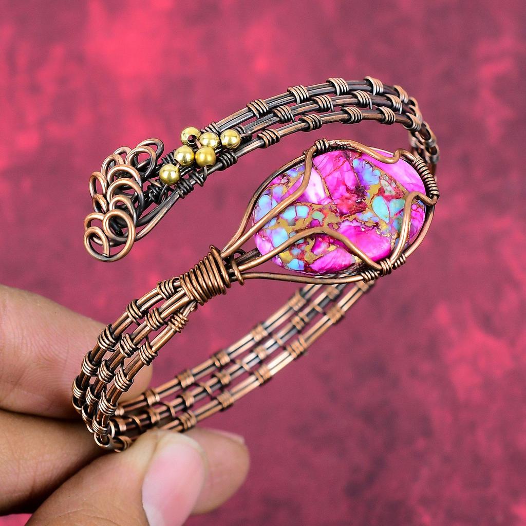 Natural Kingman Pink Dahlia Turquoise Cuff Bracelet Copper Wire Wrapped Bangle Handmade Gemstone Jewelry Adjustable Bangle Anniversary Gifts